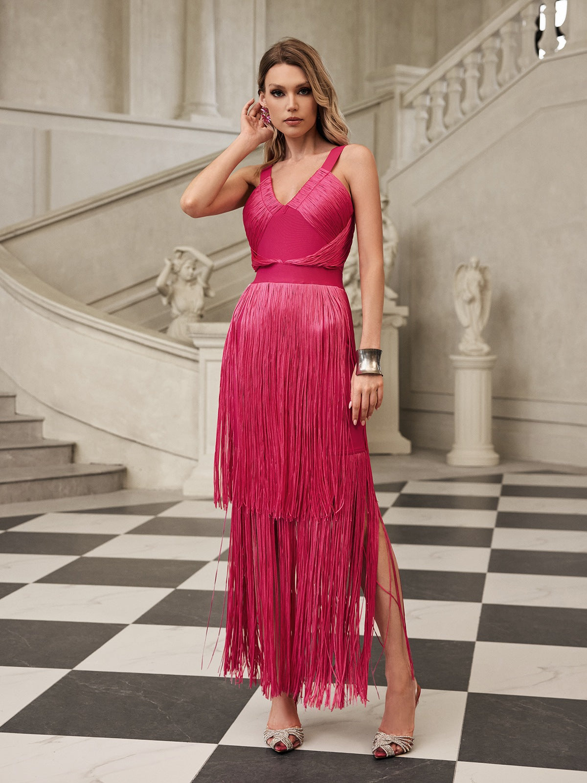 Eldrix V Neck Fringe Bandage Maxi Dress In Hot Pink